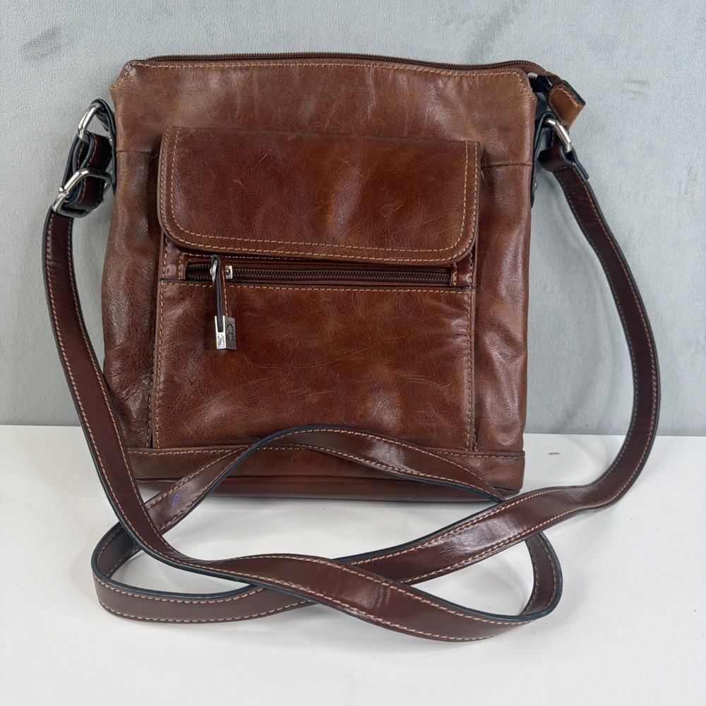 Giani Bernini Brown Leather Crossbody Bag Organizer Pocket Adjustable Strap